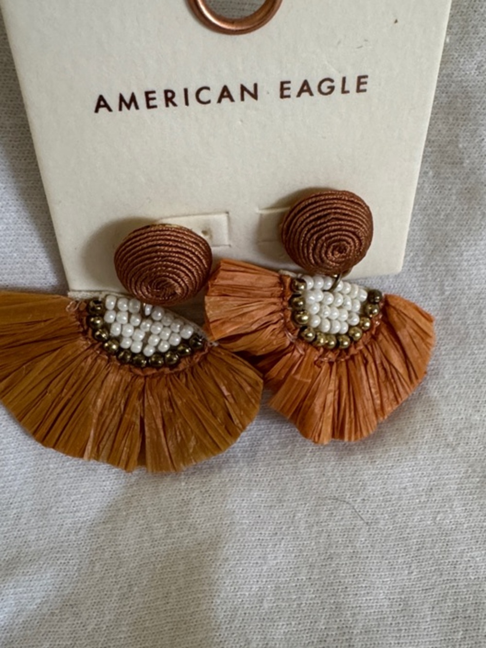 American Eagle Outfitters Tan Fringe Fan Earrings with Pearl Cluster